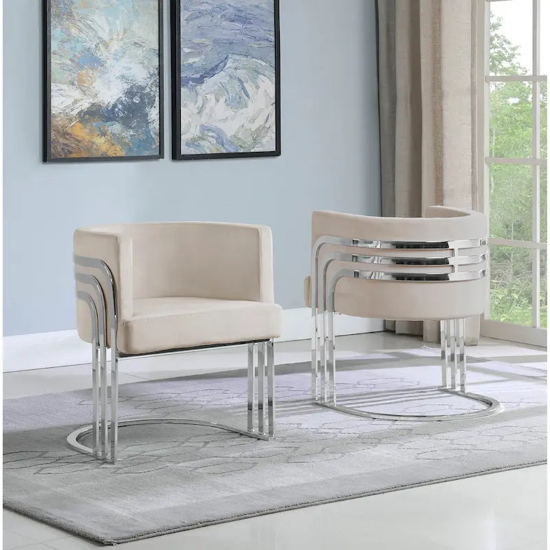 Contemporary Velvet Barrel Accent Chair with Polished Chrome Frame Base