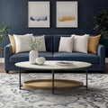 Modern White Oval Coffee Table with Natural Shelf and Black Legs