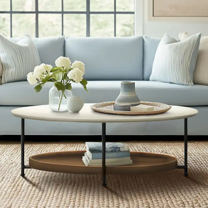 Modern White Oval Coffee Table with Natural Shelf and Black Legs