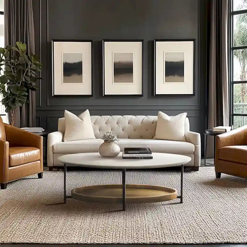 Modern White Oval Coffee Table with Natural Shelf and Black Legs