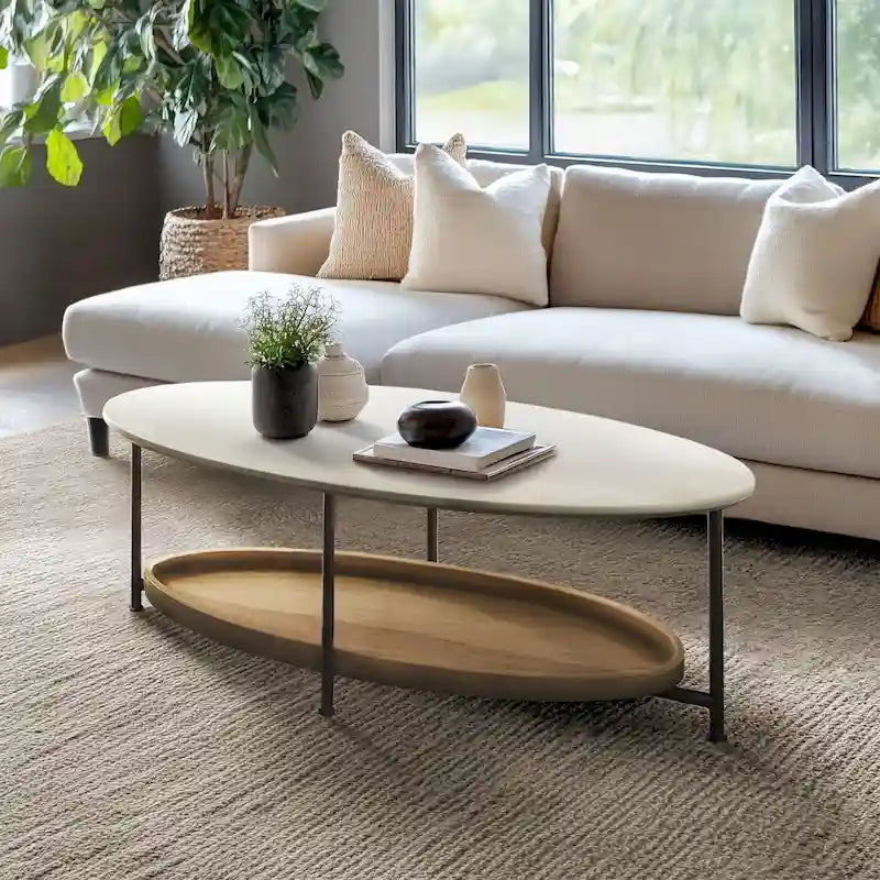 Modern White Oval Coffee Table with Natural Shelf and Black Legs