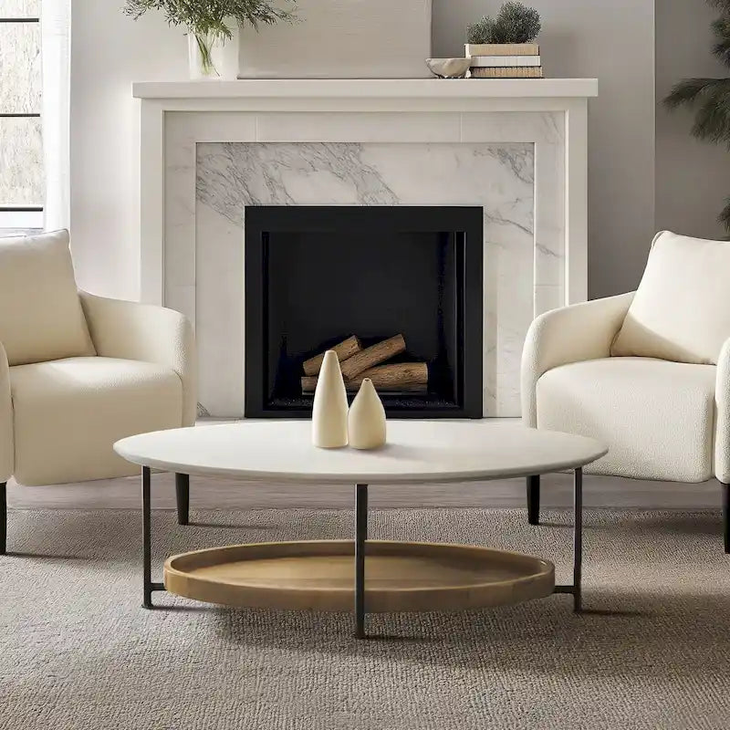 Modern White Oval Coffee Table with Natural Shelf and Black Legs
