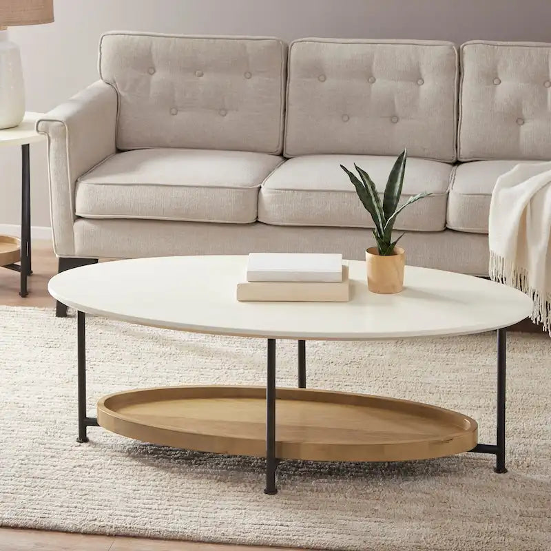 Modern White Oval Coffee Table with Natural Shelf and Black Legs