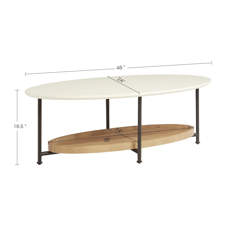 Modern White Oval Coffee Table with Natural Shelf and Black Legs