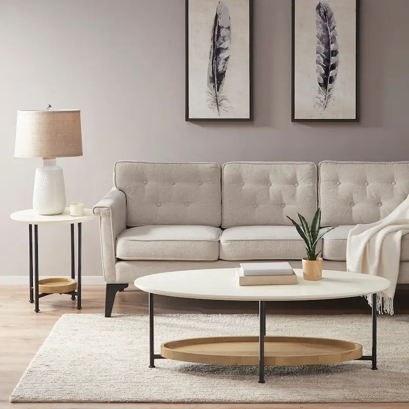 Modern White Oval Coffee Table with Natural Shelf and Black Legs