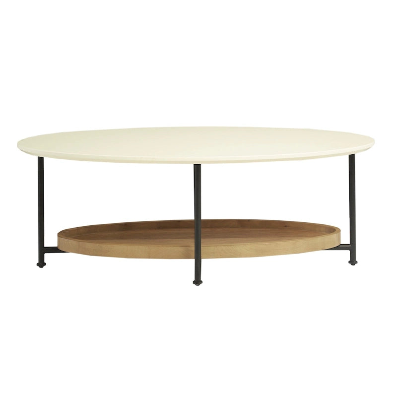 Modern White Oval Coffee Table with Natural Shelf and Black Legs