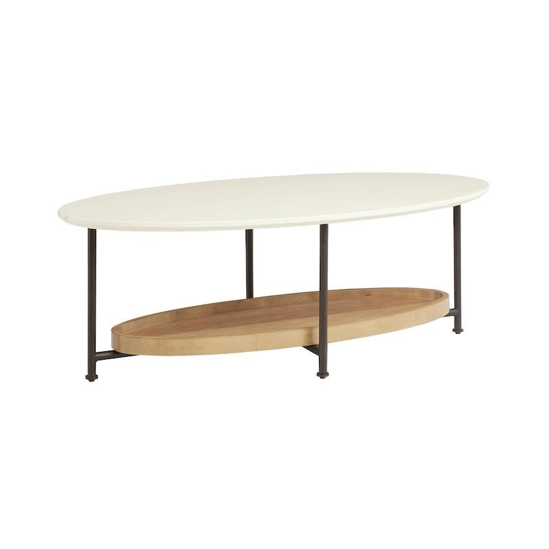 Modern White Oval Coffee Table with Natural Shelf and Black Legs