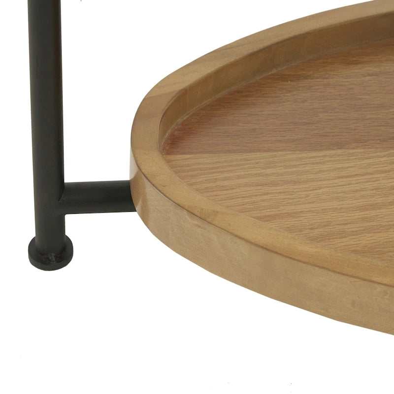 Modern White Oval Coffee Table with Natural Shelf and Black Legs