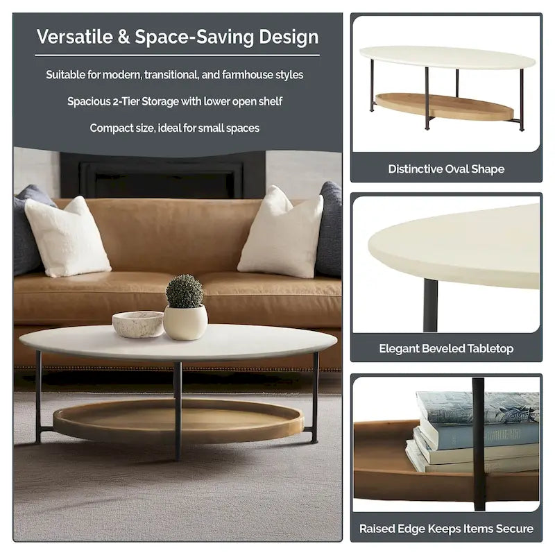 Modern White Oval Coffee Table with Natural Shelf and Black Legs