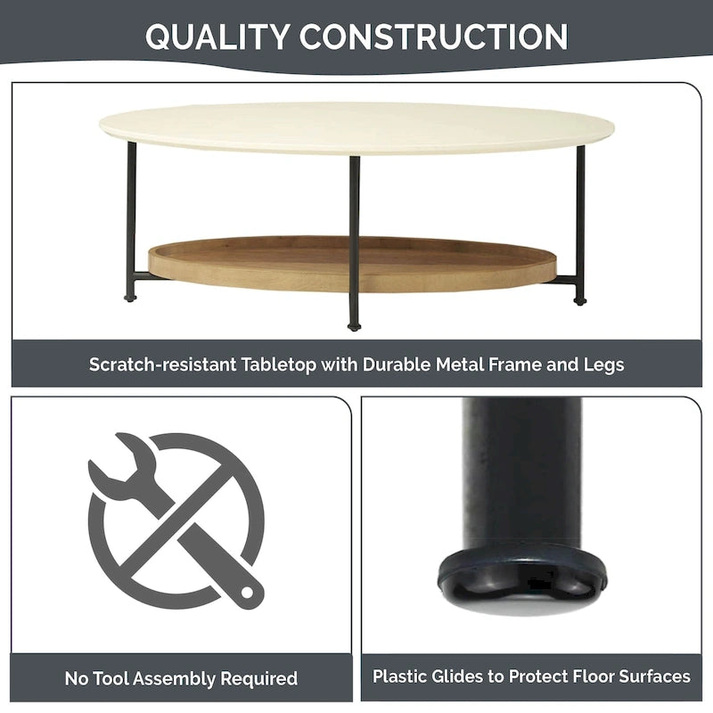 Modern White Oval Coffee Table with Natural Shelf and Black Legs