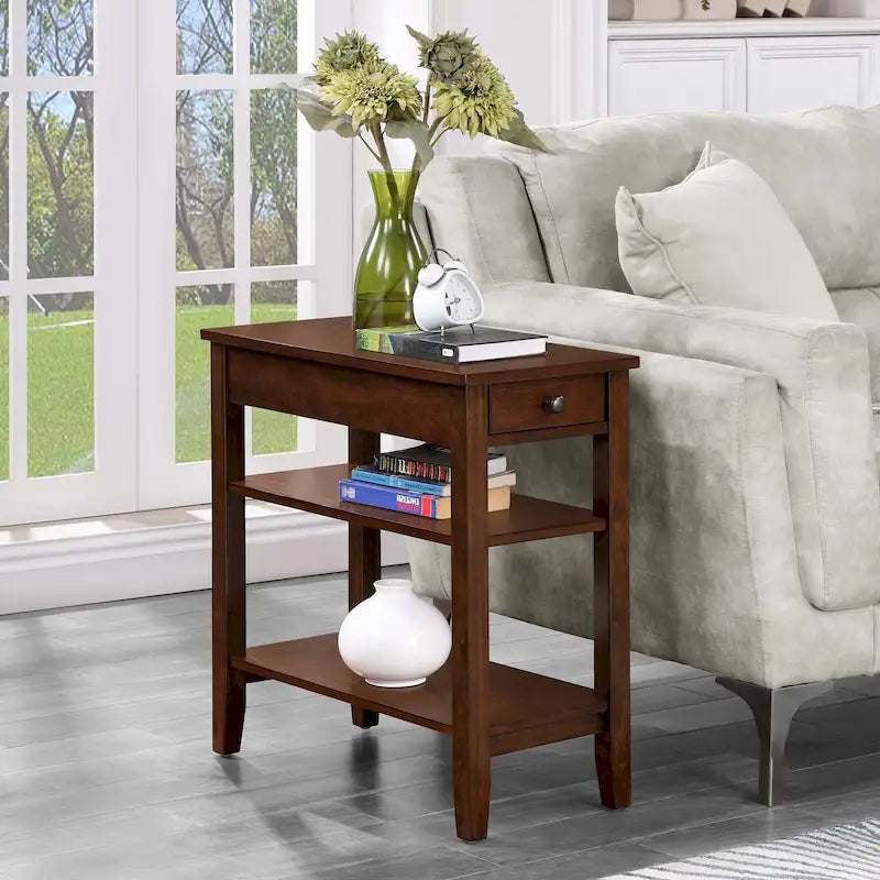 Classic Wooden Chairside End Table with Drawer and Open Shelves