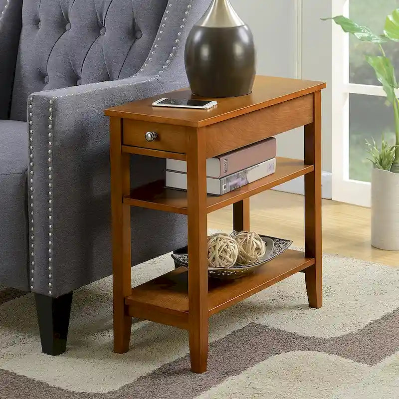 Classic Wooden Chairside End Table with Drawer and Open Shelves