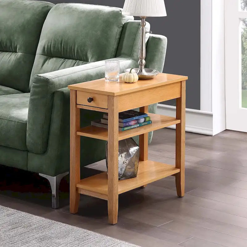 Classic Wooden Chairside End Table with Drawer and Open Shelves