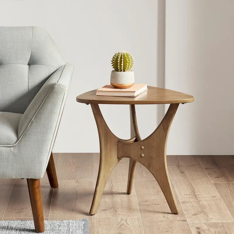 Mid Century Modern Triangle Wood Veneer Side Table Cross Base