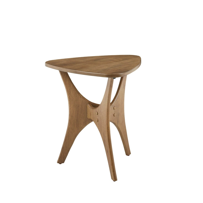 Mid Century Modern Triangle Wood Veneer Side Table Cross Base