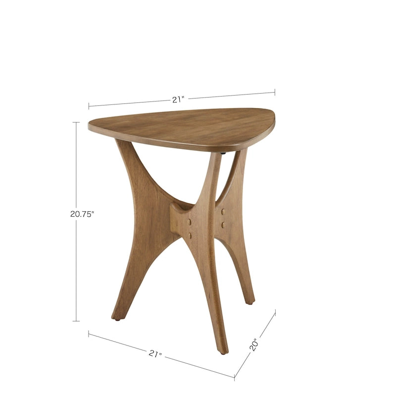 Mid Century Modern Triangle Wood Veneer Side Table Cross Base