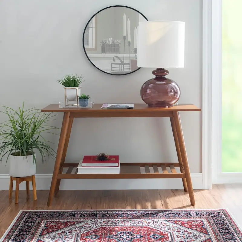 Mid Century Modern Console Table with Slatted Shelf and Splayed Legs