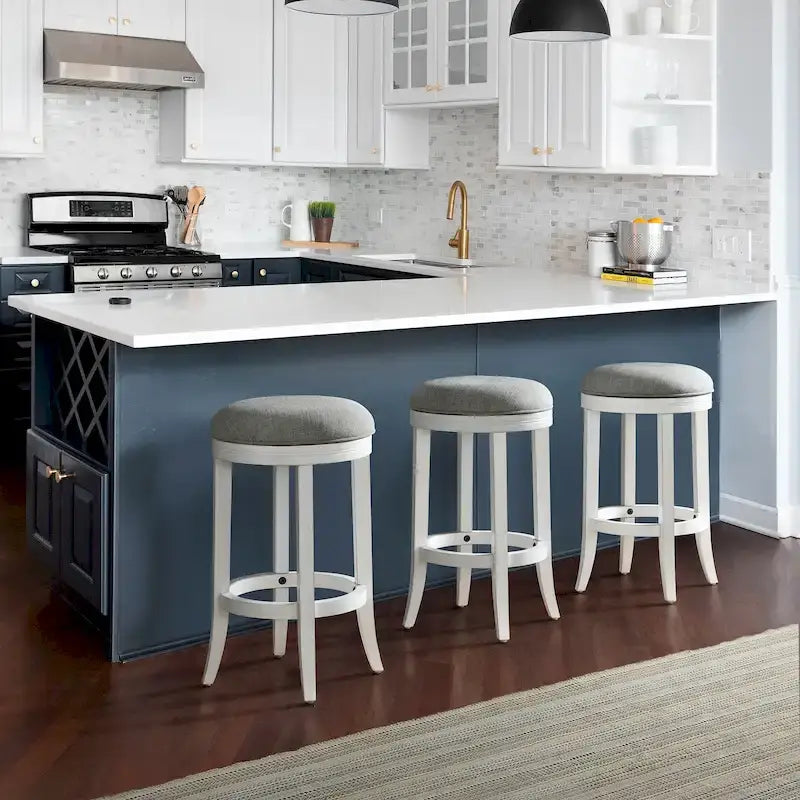 New Ridge Home Goods Avery White Wood Backless Swivel Bar Stool, Gray Fabric Seat