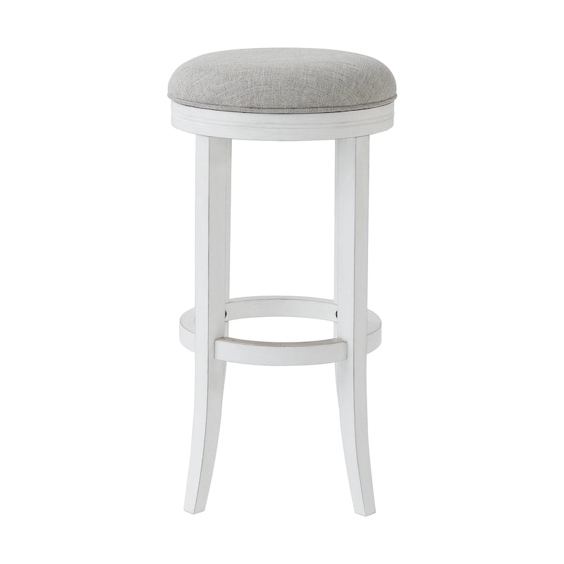 White Hardwood Backless Swivel Bar Stool with Gray Upholstered Seat