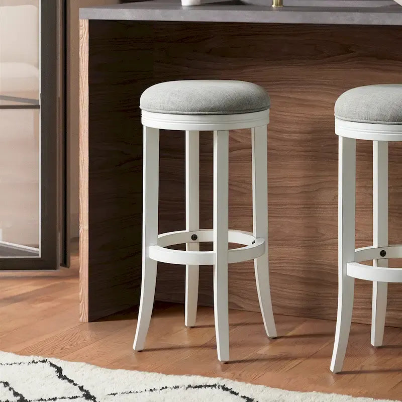 White Hardwood Backless Swivel Bar Stool with Gray Upholstered Seat