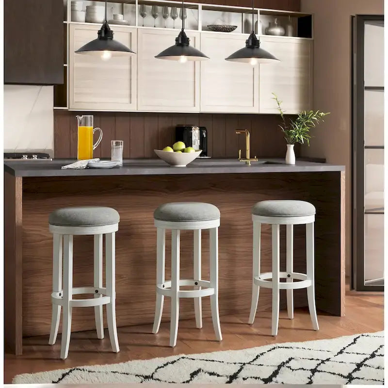 White Hardwood Backless Swivel Bar Stool with Gray Upholstered Seat