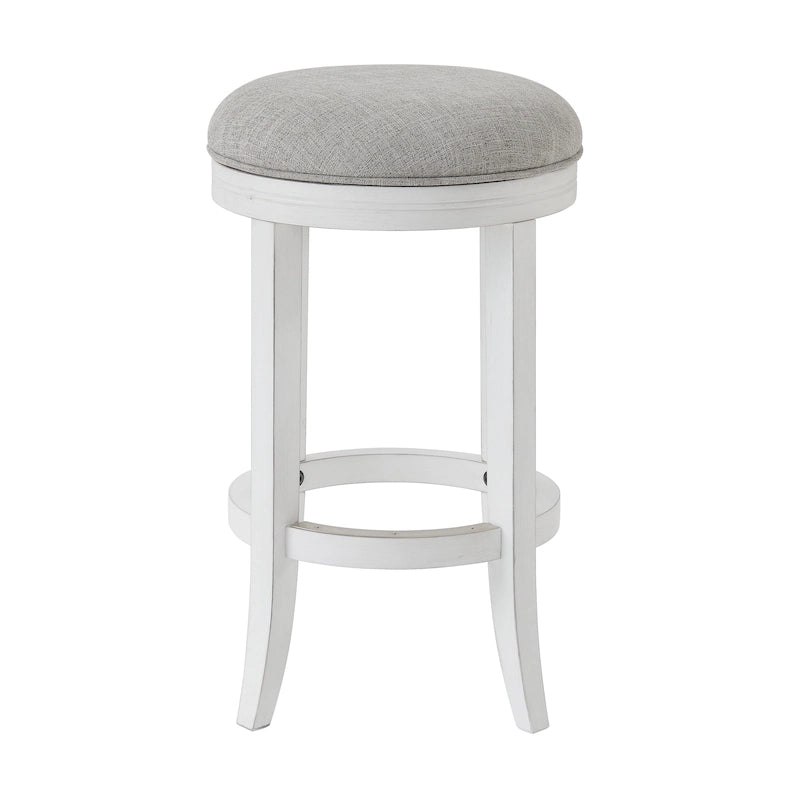 White Hardwood Backless Swivel Bar Stool with Gray Upholstered Seat