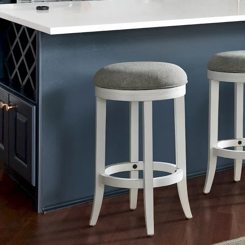 White Hardwood Backless Swivel Bar Stool with Gray Upholstered Seat