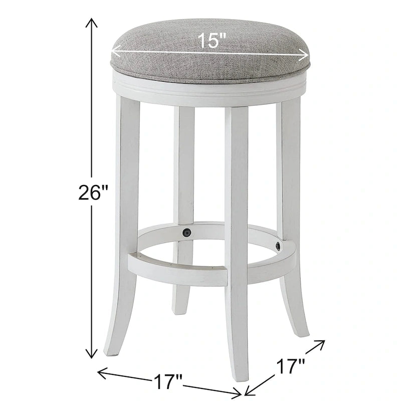 White Hardwood Backless Swivel Bar Stool with Gray Upholstered Seat