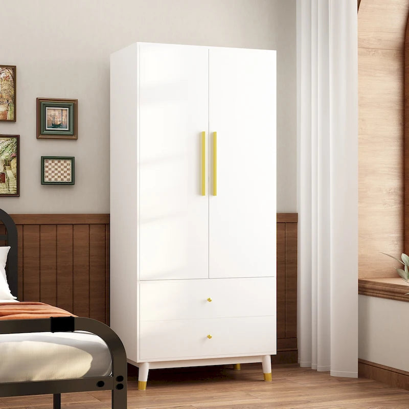 Modern Freestanding Two Door Wardrobe with Drawers and Gold Accents