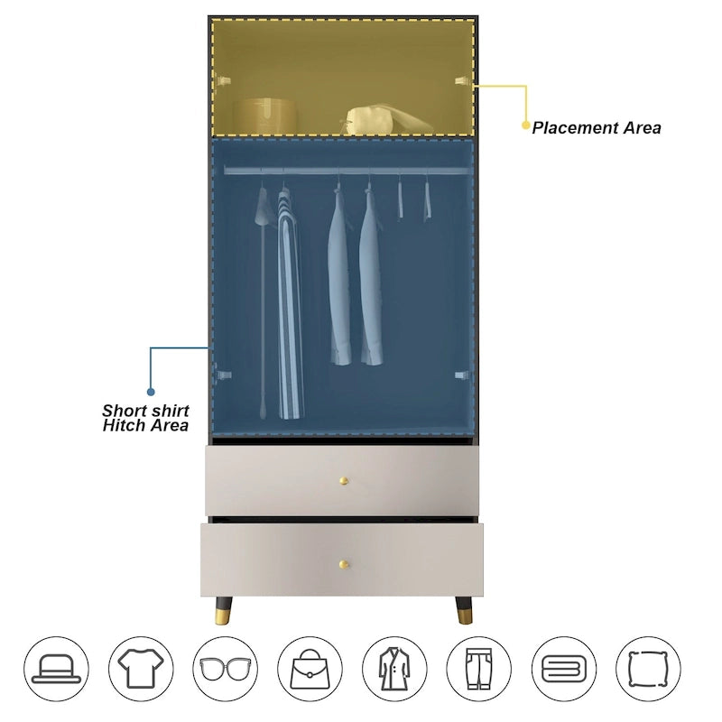 Modern Freestanding Two Door Wardrobe with Drawers and Gold Accents