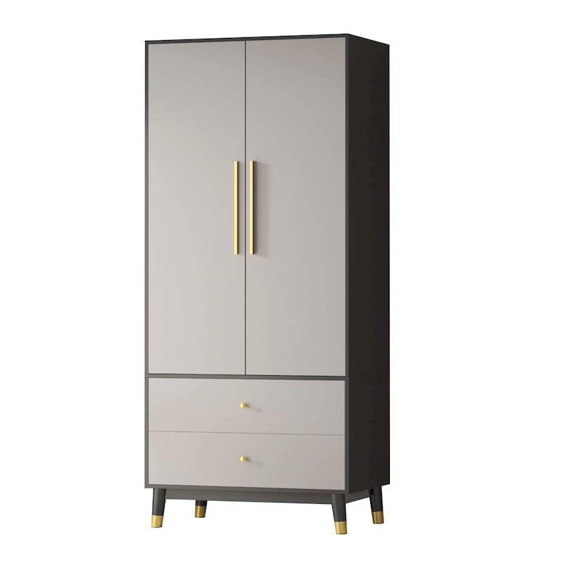 Modern Freestanding Two Door Wardrobe with Drawers and Gold Accents