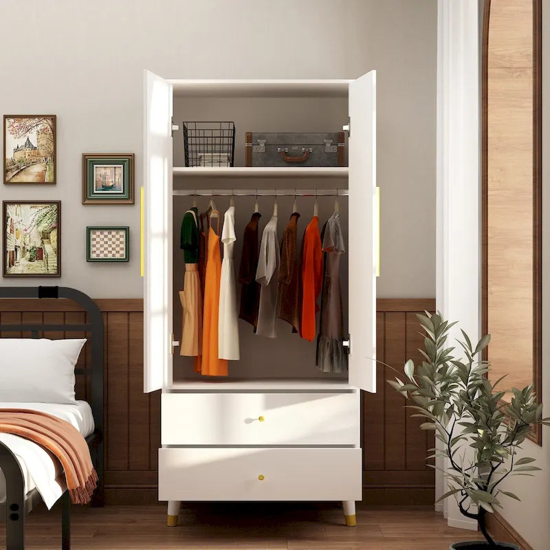 Modern Freestanding Two Door Wardrobe with Drawers and Gold Accents