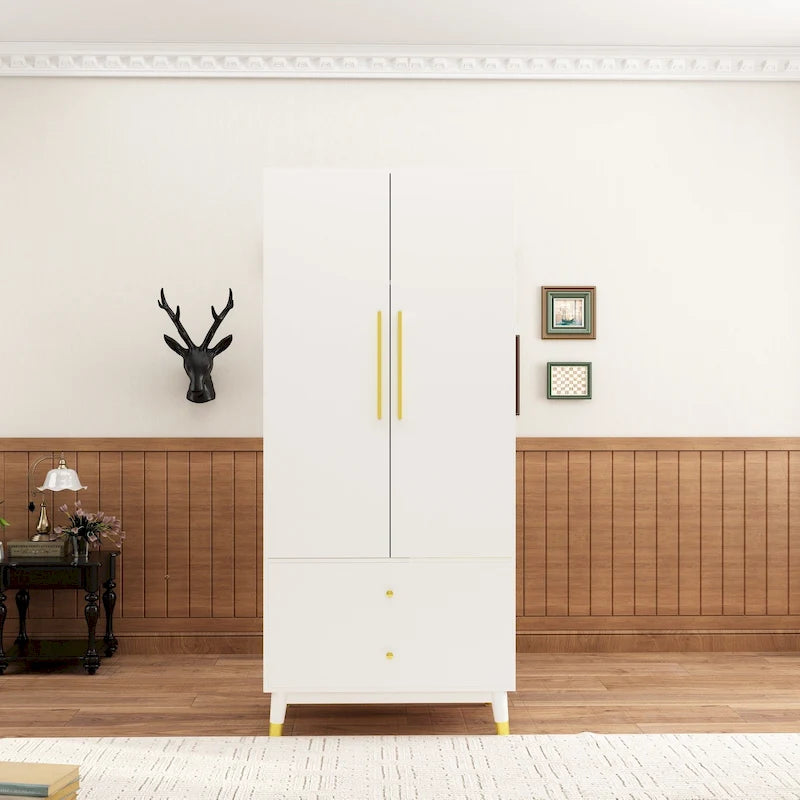 Modern Freestanding Two Door Wardrobe with Drawers and Gold Accents