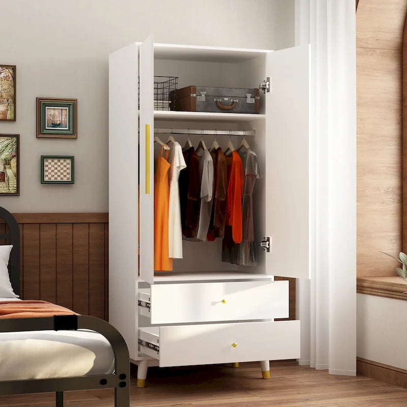 Modern Freestanding Two Door Wardrobe with Drawers and Gold Accents