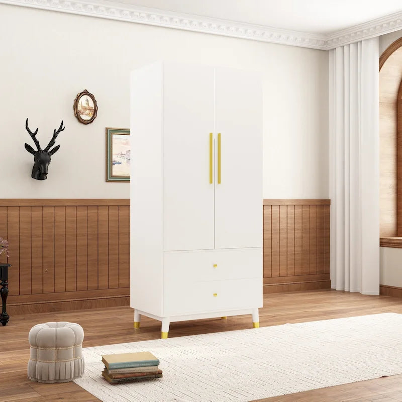 Modern Freestanding Two Door Wardrobe with Drawers and Gold Accents