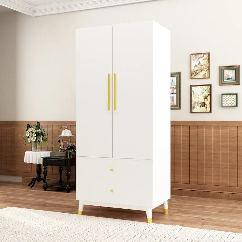 Modern Freestanding Two Door Wardrobe with Drawers and Gold Accents