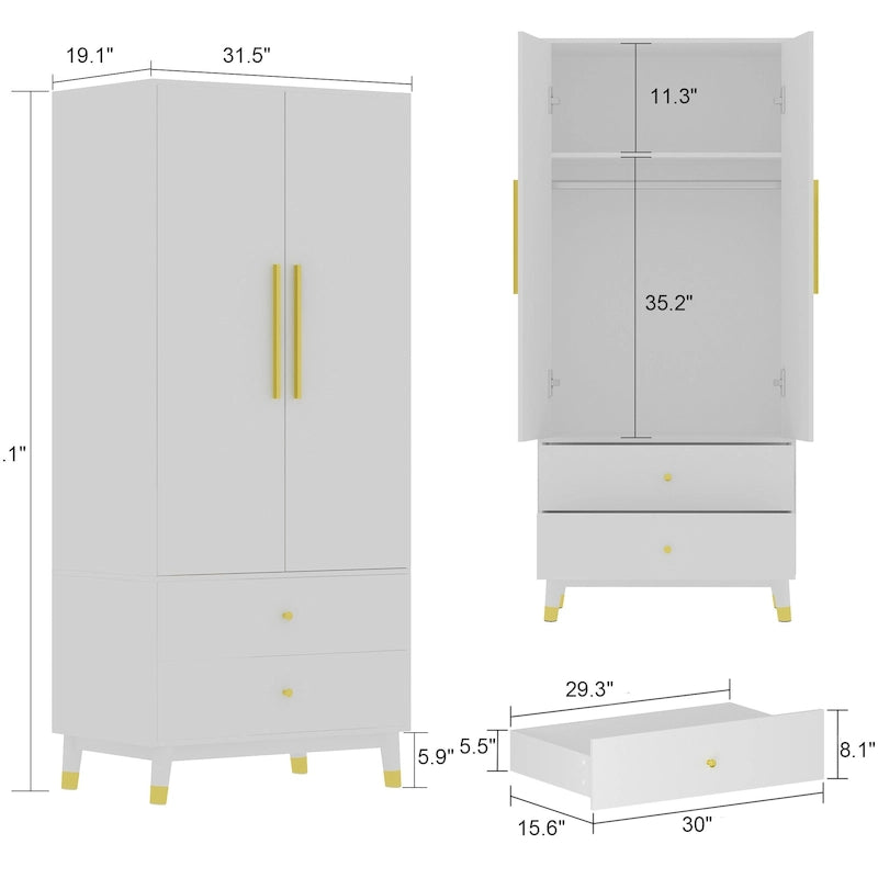 Modern Freestanding Two Door Wardrobe with Drawers and Gold Accents