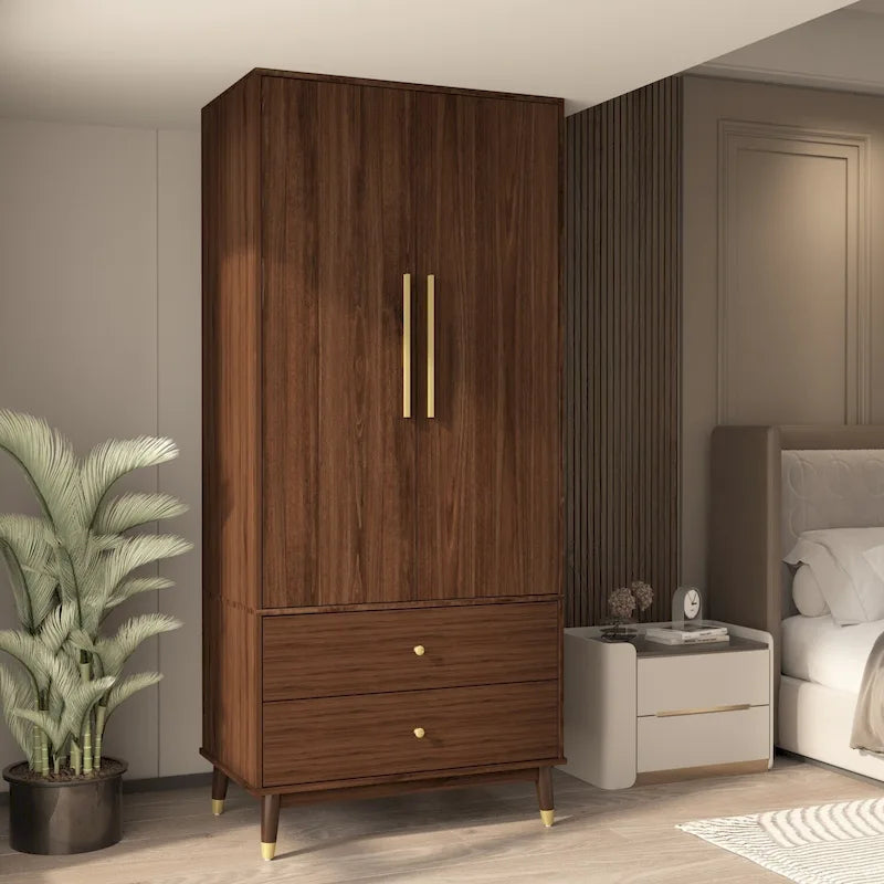 Modern Freestanding Two Door Wardrobe with Drawers and Gold Accents