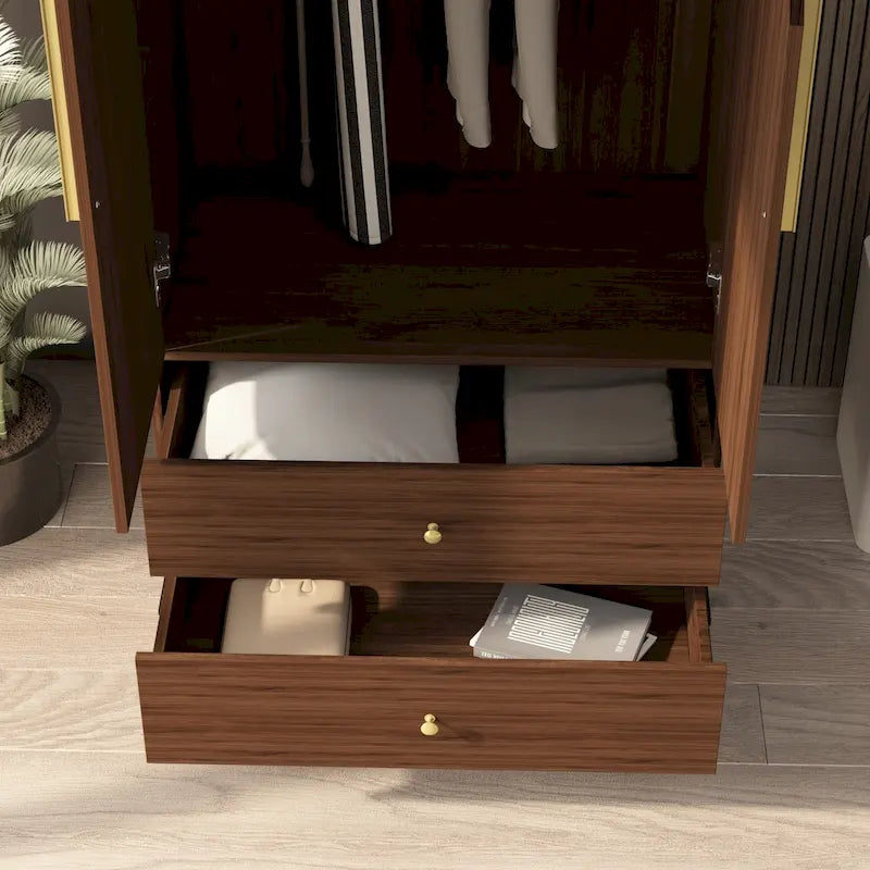 Modern Freestanding Two Door Wardrobe with Drawers and Gold Accents