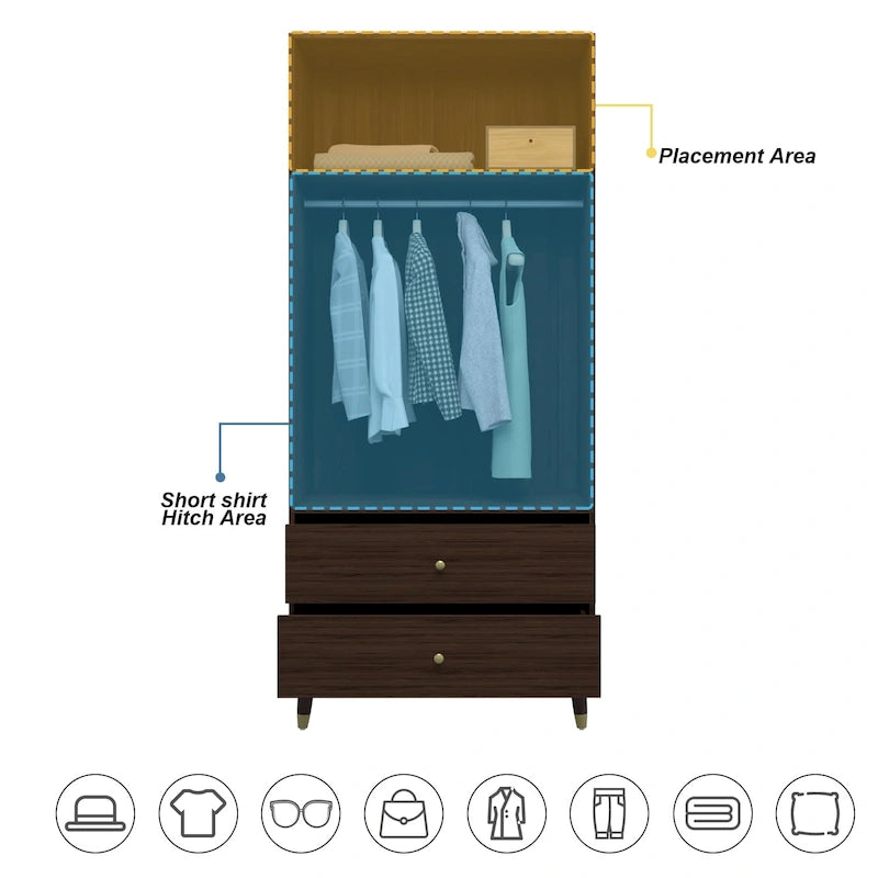 Modern Freestanding Two Door Wardrobe with Drawers and Gold Accents