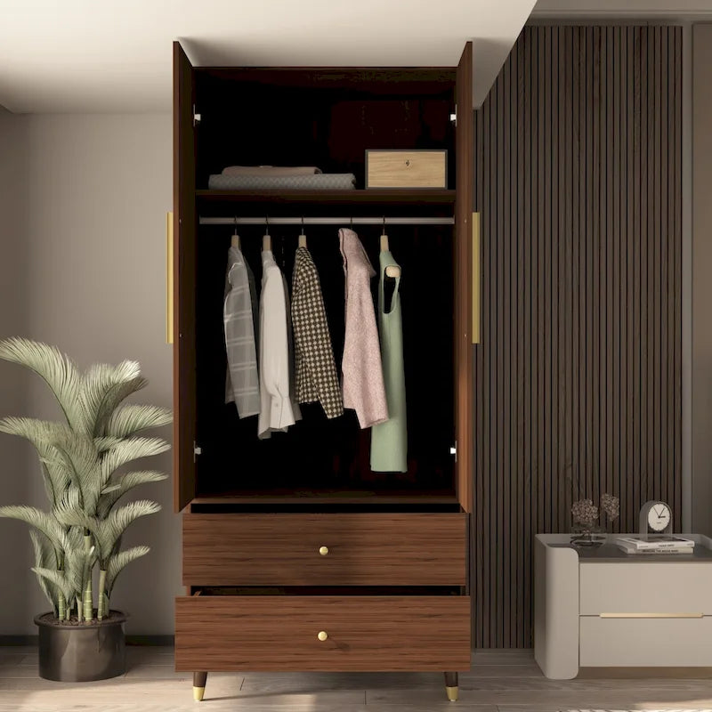 Modern Freestanding Two Door Wardrobe with Drawers and Gold Accents