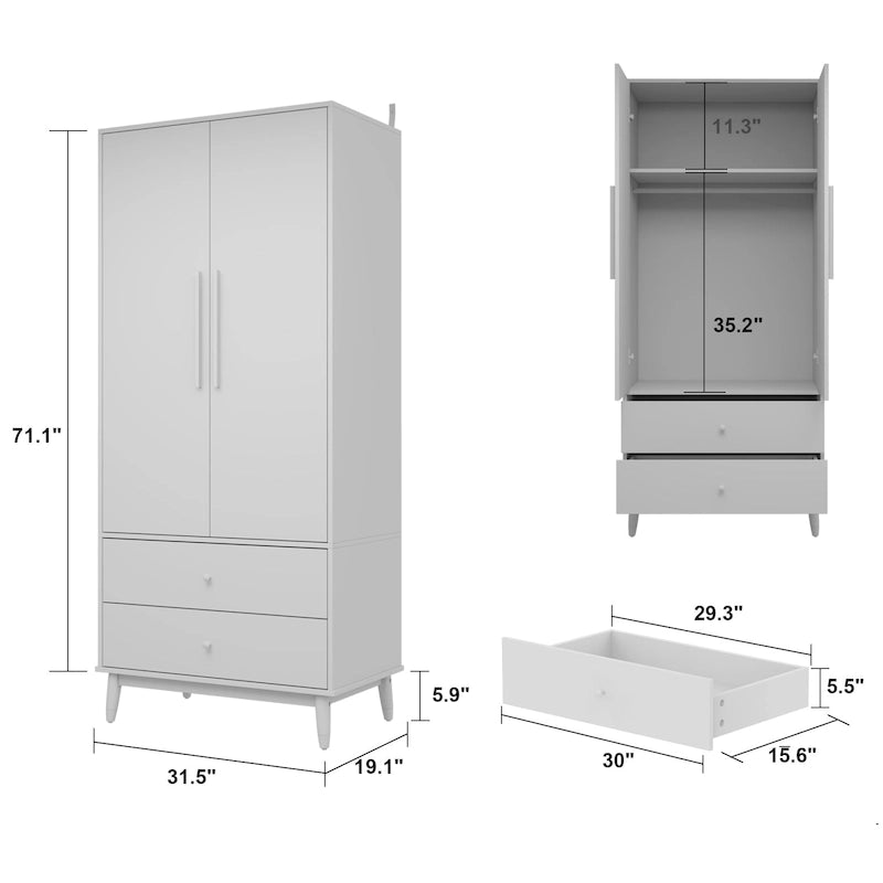 Modern Freestanding Two Door Wardrobe with Drawers and Gold Accents