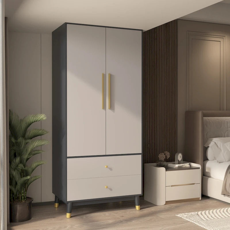Modern Freestanding Two Door Wardrobe with Drawers and Gold Accents