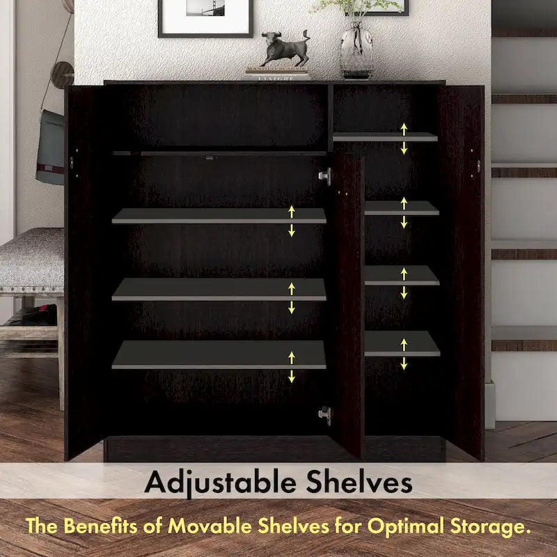 Modern Espresso Shoe Storage Cabinet with Adjustable Shelves and Metal Handles