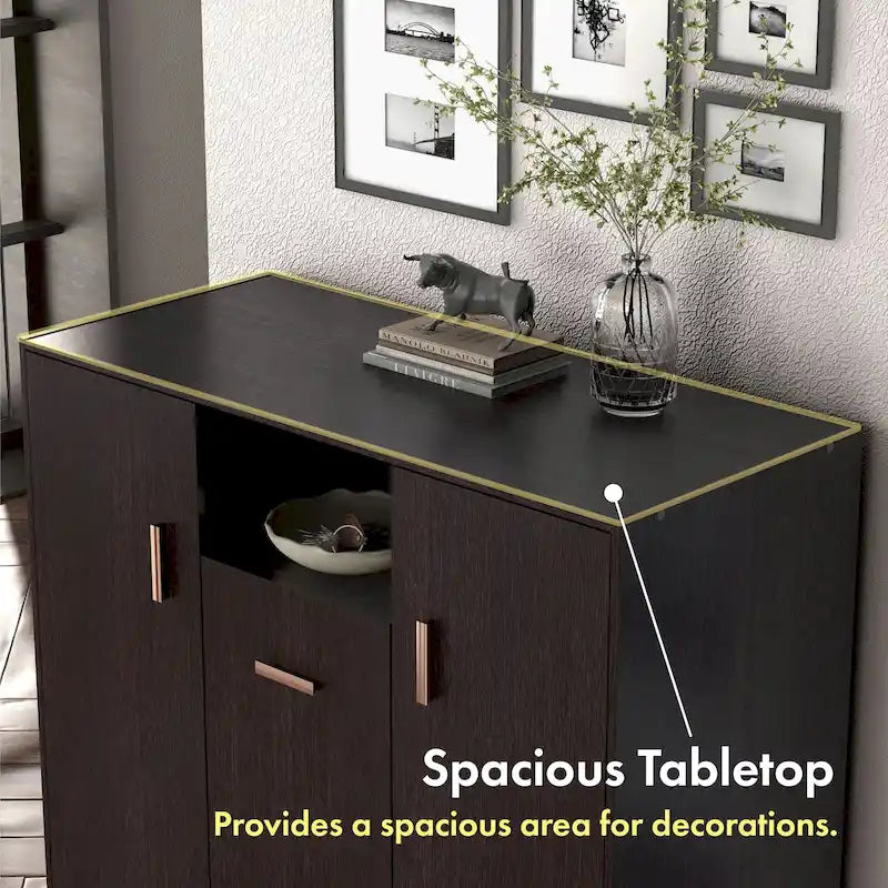 Modern Espresso Shoe Storage Cabinet with Adjustable Shelves and Metal Handles