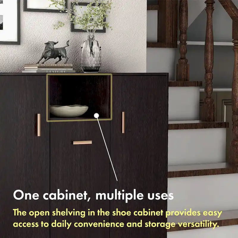 Modern Espresso Shoe Storage Cabinet with Adjustable Shelves and Metal Handles