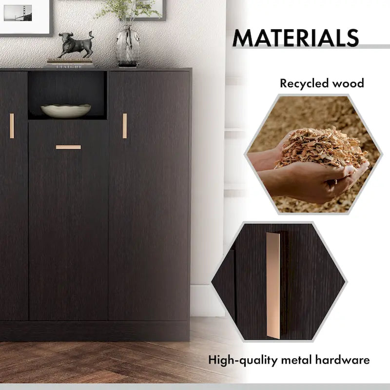 Modern Espresso Shoe Storage Cabinet with Adjustable Shelves and Metal Handles
