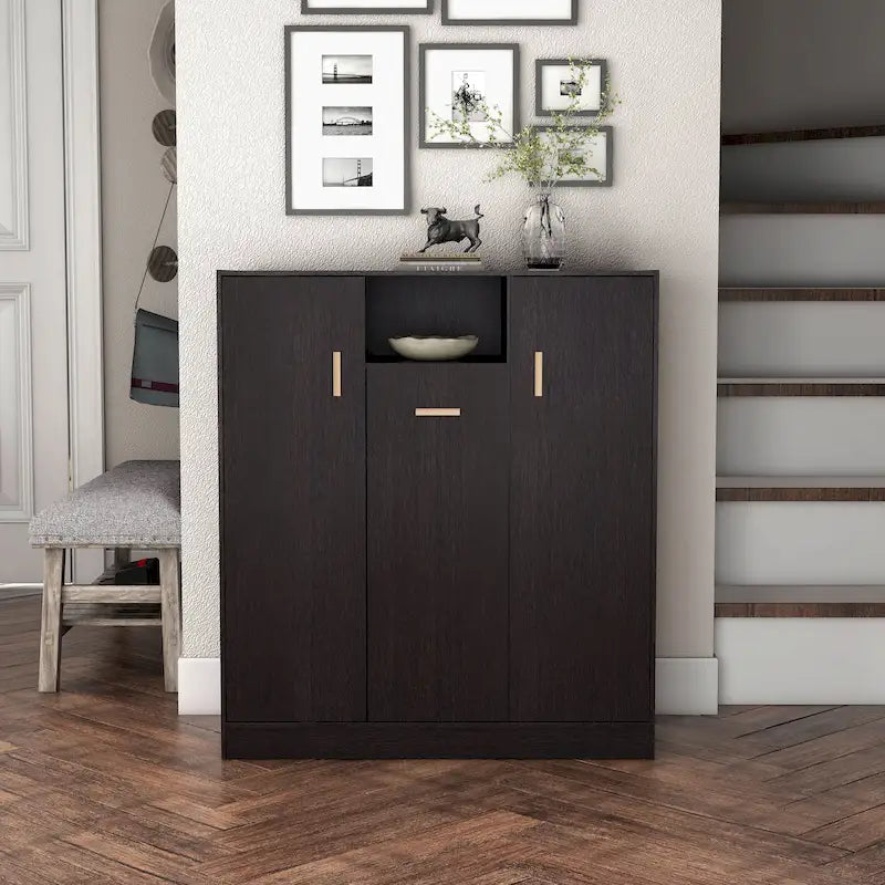 Modern Espresso Shoe Storage Cabinet with Adjustable Shelves and Metal Handles