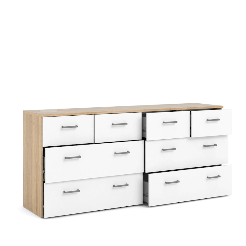 Modern Oak and White Eight Drawer Dresser with Bar Handles