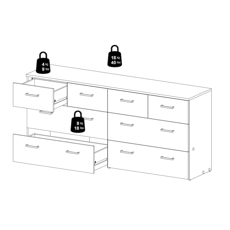 Modern Oak and White Eight Drawer Dresser with Bar Handles